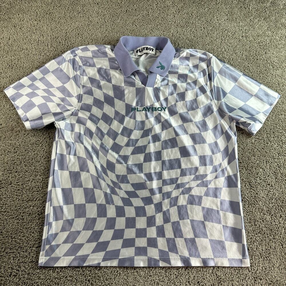 Playboy X Pacsun Shirt Mens S Blue White Disco Checkered Collar Logo Polo